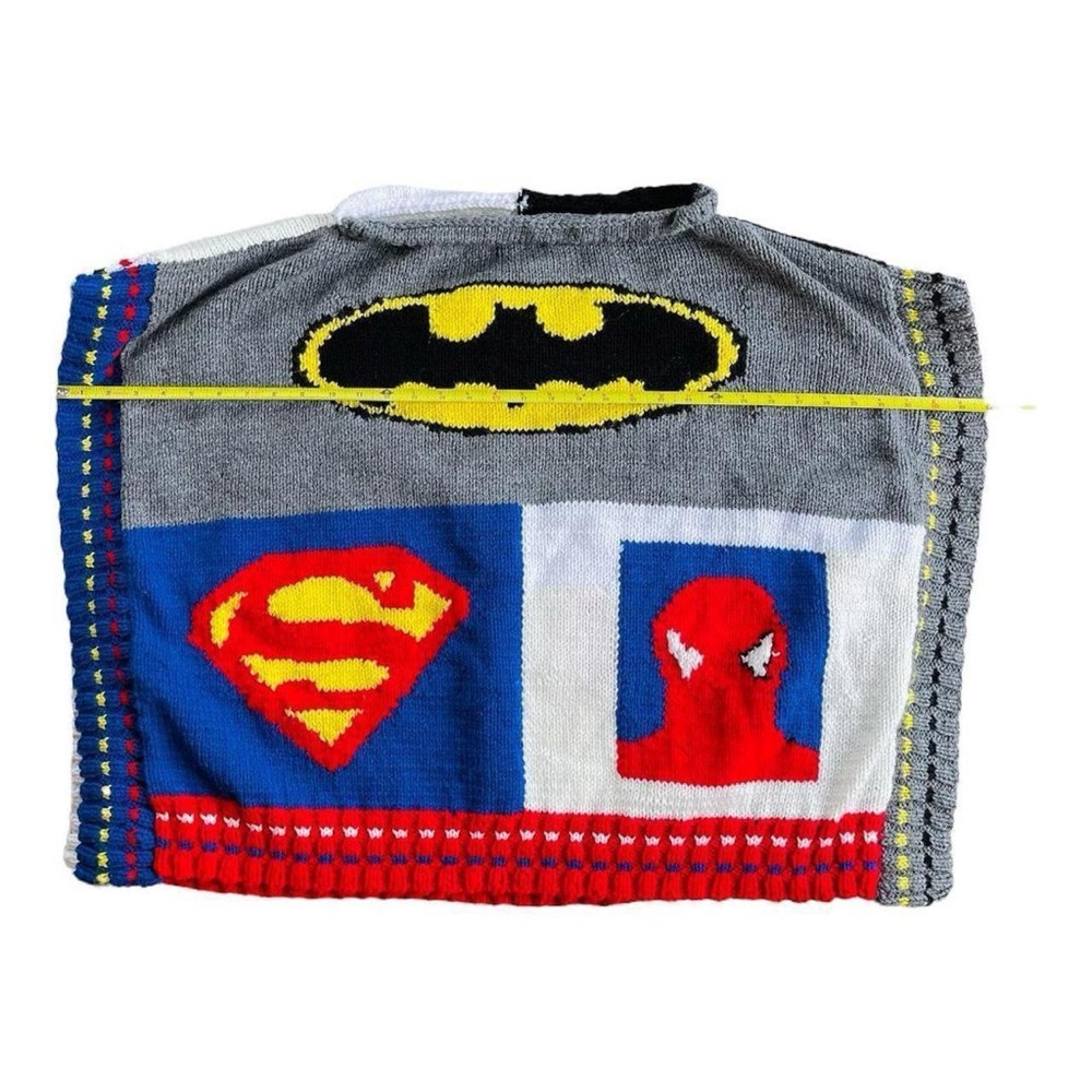 Vintage Hand Knit 2 Sided DC Marvel Superman Spiderman Batman Card Suits Poncho - Picture 8 of 8